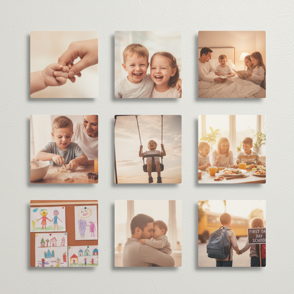 Kollage af 9 fotomagneter med børnefamilieminder